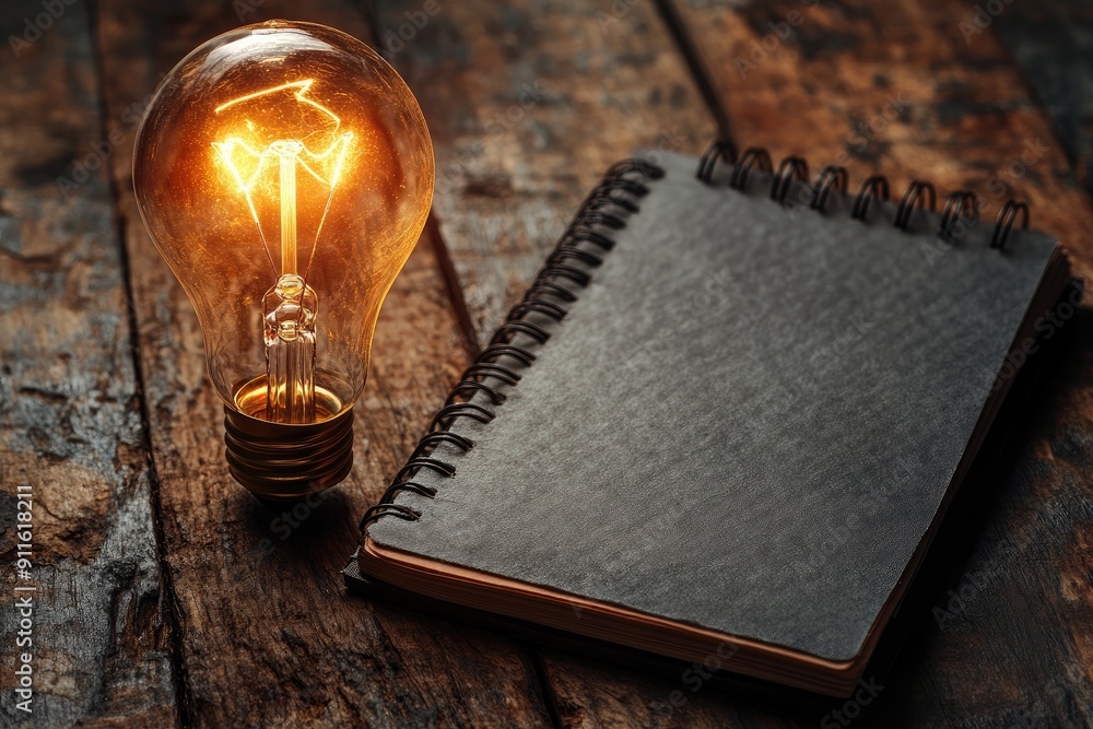 Poster glowing lightbulb floating over a notebook suggesting new ideas