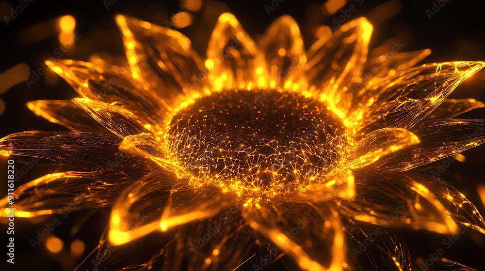Poster luminous sunflower with geometric patterns in glowing energy field - abstract 3d render with dynamic