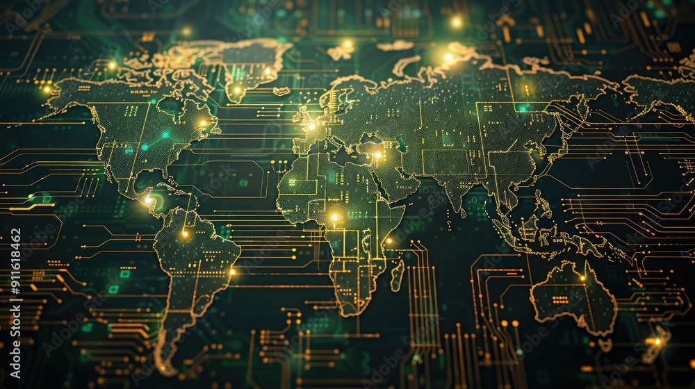 Poster global connection: world map forming on futuristic circuit board