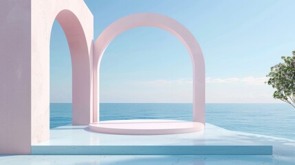 Naklejka premium Scene with geometrical forms, arch with a podium in natural daylight. Sea view. Summer scene. 3D render background.