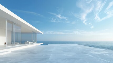 A sleek building harmonizes with serene ocean and bright sky
