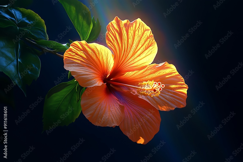 Aufkleber vivid orange hibiscus in prism halo - c4d style rendering with vibrant color gradients and illuminat