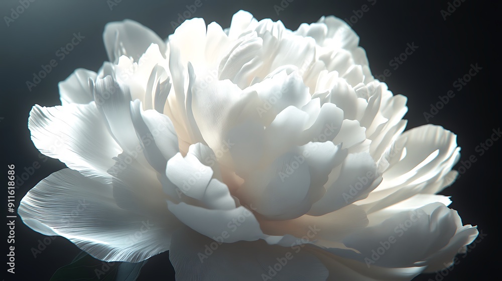 Poster ethereal white peony illuminated in glowing sphere with detailed texture patterns on dark background