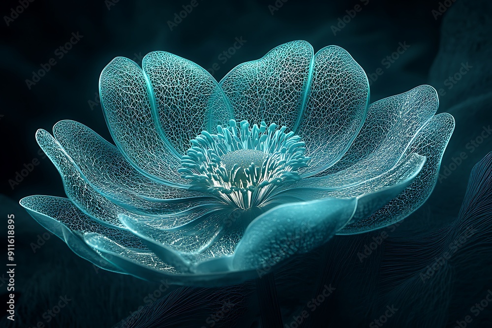 Aufkleber ethereal teal anemone floating in illuminated mist with lace petals and delicate edges in c4d style 
