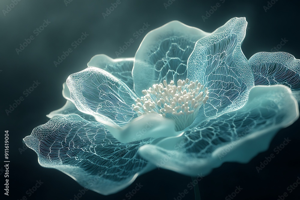 Poster ethereal teal anemone in illuminated mist with lace petals - c4d octane rendering