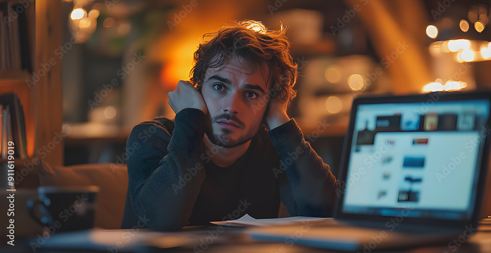 Poster a man is sitting at a desk with a laptop open in front of him