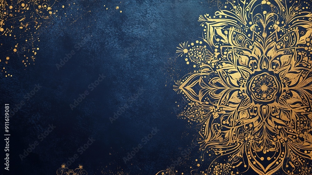 Poster elegant and sophisticated background design featuring a deep navy blue backdrop with intricate gold 