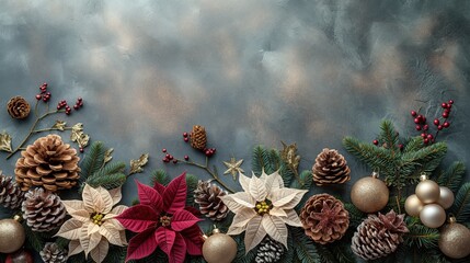 Christmas card rustic blue background frame with poinsettia branches cones and ornaments decor. Holiday backdrop for product mockup and text. Extra space for copy.