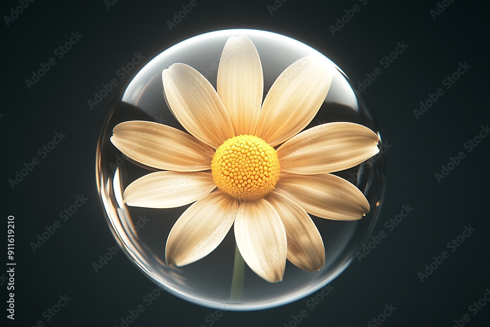 Poster delicate yellow daisy in illuminated sphere with elegant patterns on dark background - 3d rendered c