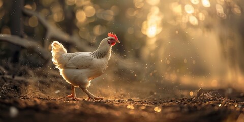Free range White Chicken Walking on the Farm