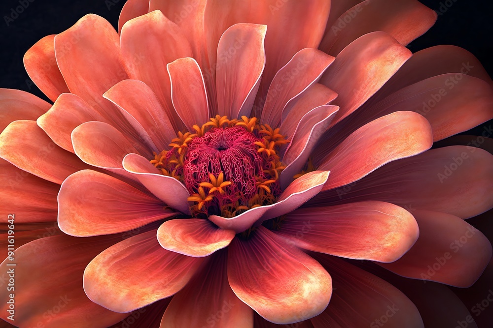 Poster glowing coral zinnia in fractal petals: captivating floral design in c4d style with octane rendering