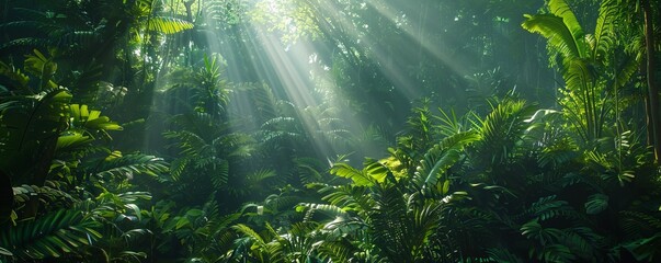 Obraz premium Dense Rainforest with Sunlight Filtering Through, 4K hyperrealistic photo