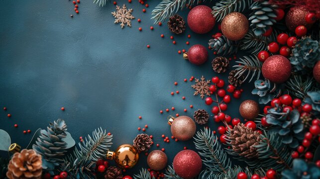 Christmas card blue background frame decorations holiday backdrop for product mockup and text. Extra space for copy.