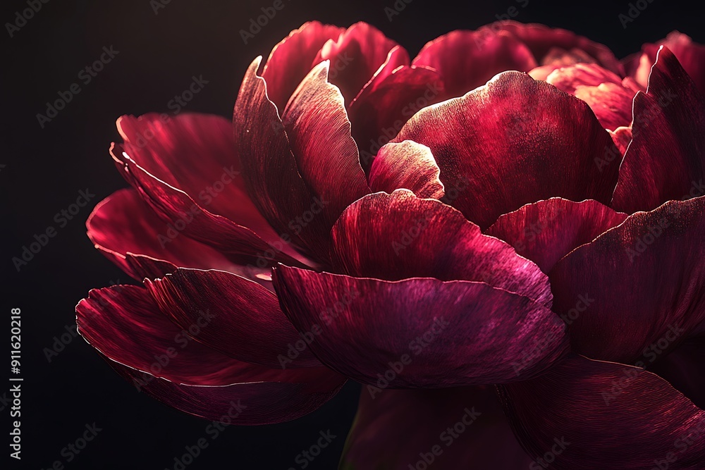 Poster elegant burgundy peony with intricate textures illuminated by warm light on dark background in c4d s