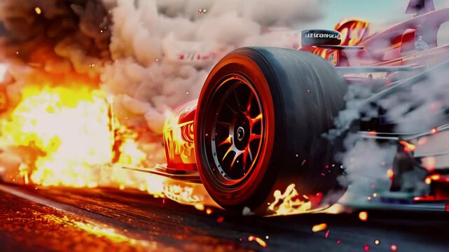 A powerful racing car experiences a dramatic tire blowout, erupting in flames and smoke during an intense lap on the Monaco circuit