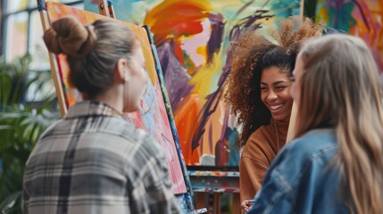 Obraz premium Back view of happy friends from different backgrounds enjoying watercolor painting together