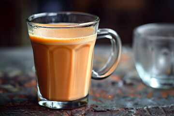  masala tea in clear glass mug, selective focus
