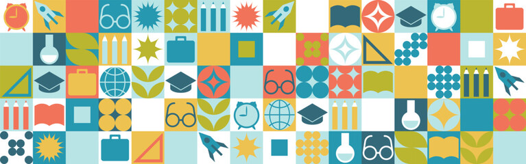 Fototapeta premium School seamless background for a stand made of geometric shapes, colored mosaic in a trendy style. Student and office worker template for wallpaper and web cover - globe, book. glasses, pencils.
