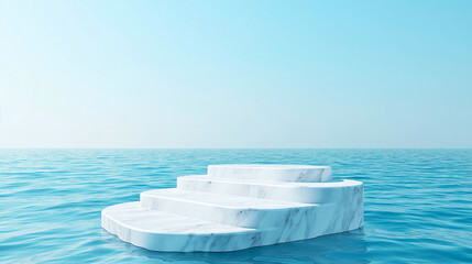 white marble podium and blue sea background with white waves