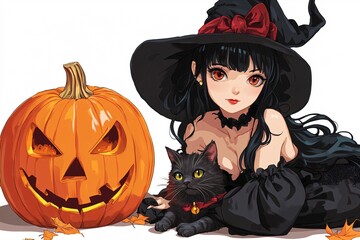 Enchanting Halloween Witch with Black Cat and Pumpkin
