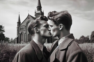 Take me to church concept. Portrait of kissing gay couple near the church in the style of 1940s. Summer time. Retro Hollywood, vintage postcard style. Text space. Outdoor black and white shot