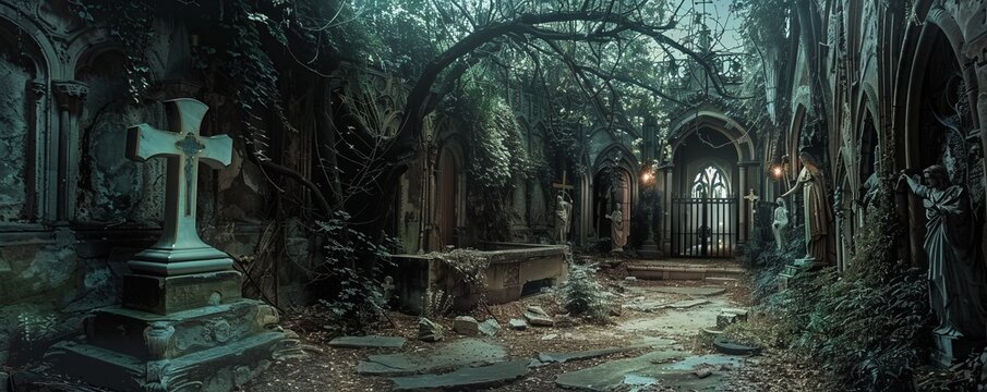 Cathedral Crypt: Gothic Cemetery Haunt, 4K hyperrealistic photo