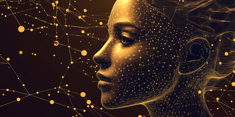 Abstract geometric portrait with golden network nodes for Y3K aesthetic AI consciousness visualizations, futuristic facial recognition concepts and next-gen neural network representations
