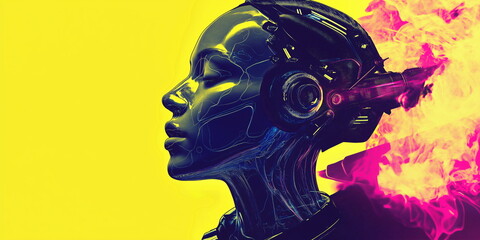 Futuristic cyborg profile with advanced headset in neon yellow and pink for Y3K aesthetic music visuals, next-gen audio technology concepts and immersive virtual reality experiences