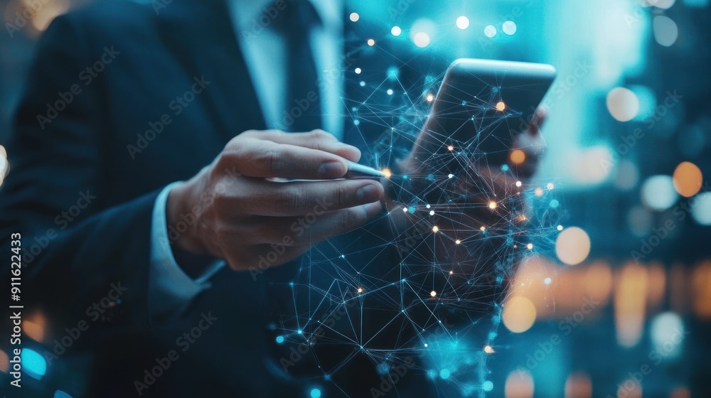 Poster tech devices connected to each other by businessman on blurred background 3d rendering