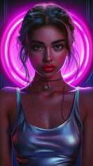 Ethereal portrait with neon halo for Y3K aesthetic social media content, futuristic beauty product launches and next-generation virtual influencer concepts