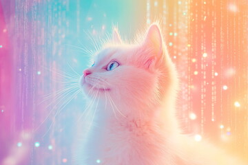 Ethereal Y3K cat portrait with rainbow hues for futuristic pet care and digital art concepts