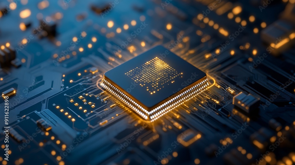 Poster close-up of glowing microchip on circuit board