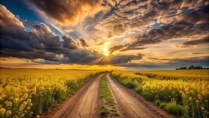 Golden Hour Path Through a Field of Yellow Flowers, Digital Painting, Landscape, Sunset, Road , digital painting, landscape