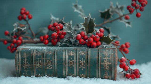 Christmas background book author writer with holly berries greenery textured holiday backdrop product mockup and text. Extra space for copy.