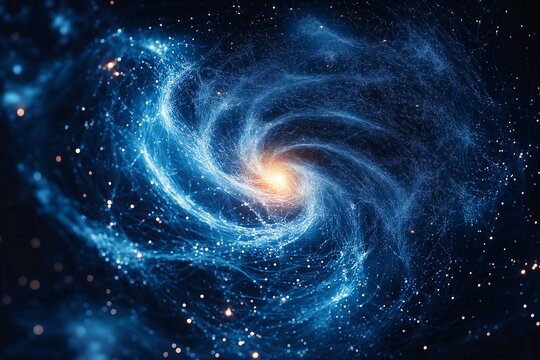 Y3K cosmic vortex visualization with swirling blue energy streams and bright center. Futuristic space phenomenon concept for theoretical physics, black hole research and scientific simulations