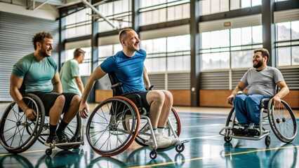 roup of men in wheelchairs playing sports in an indoor gym. The image captures the spirit of teamwork, inclusivity, and fitness, emphasizing the active lifestyle of individuals with disabilities