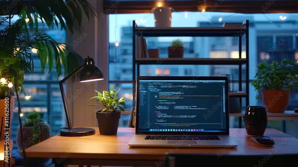 Poster in a minimalist workspace bathed in natural light, a developer's laptop screen serves as a portal to