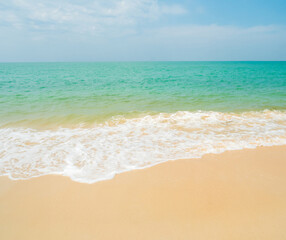 Beautiful horizon Landscape summer vertical front view point tropical sea beach white sand clean and blue sky background calm Nature ocean Beautiful  wave water travel at Sai Kaew Beach thailand .