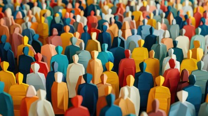 Obraz premium Large crowd of diverse people in paper craft origami style. Overpopulation, diversity society demographic concept.
