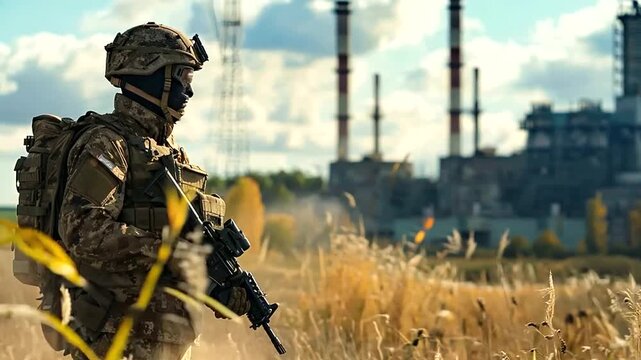 In the sunlight, a soldier with a weapon stands in front of a modern nuclear power plant, symbolizing the strategic importance of the facility