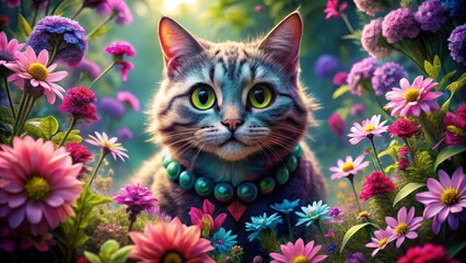 A Curious Cat in a Field of Flowers, digital painting, cat portrait, flowers, fantasy, cat art, digital art