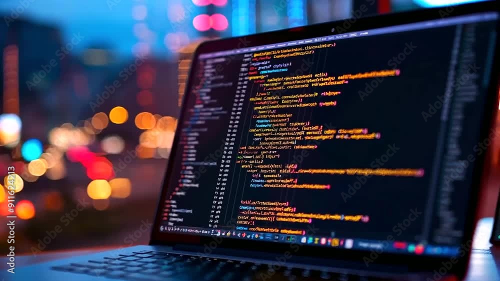 Poster developer's laptop screen illuminates the rustic surroundings, the soft glow of code reflecting in t