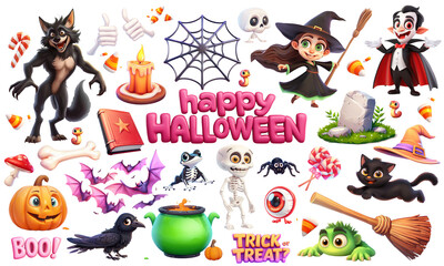 Fototapeta premium Halloween big set of funny characters and objects isolated on white or transparent background, png clipart, design element. Easy to place on any other background.