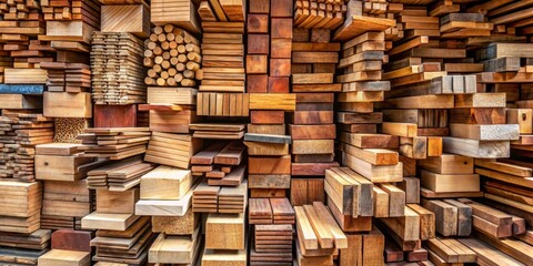 Fototapeta premium A Stack of Wooden Lumber in an Abstract Composition, Wood Texture, Lumber Yard, Natural Materials, Woodworking
