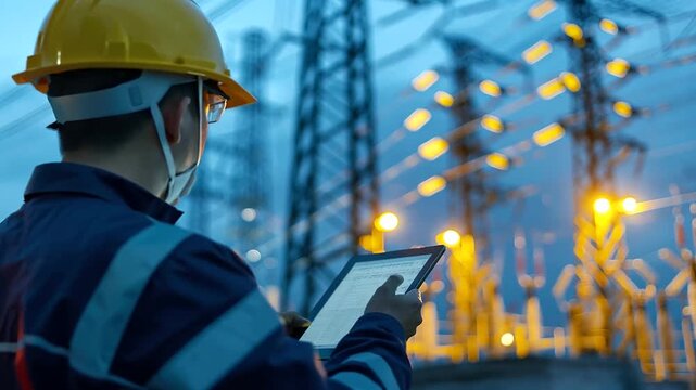 Detailed view of engineers using digital tablets to assess energy distribution and efficiency data, strategically planning smart grid operations, close-up