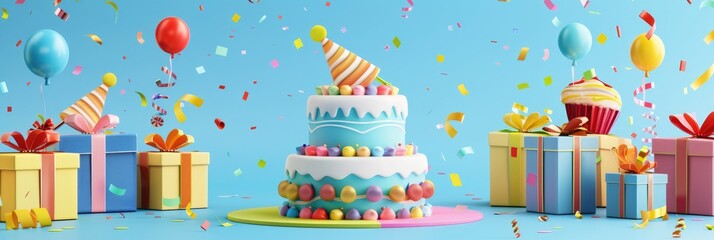 Children s Birthday Celebration with Colorful Cake Gifts and Confetti