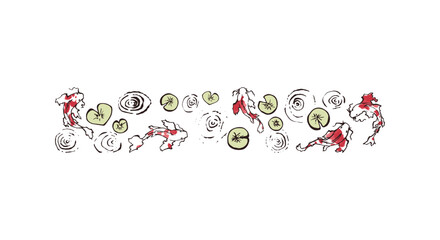 Koi Carp in a pond with Water lilies. Vector illustrarion of japanese Fish with red paint spots. Hand drawn art of underwater animals with circles and ripple on the water. Minimalism style