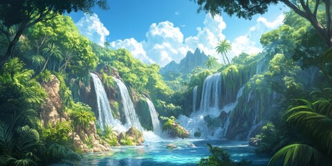 Fototapeta premium Pulse of Summer: A High-Definition Hand-Drawn Rhythm of the Season in a Lush Jungle, Capturing the Allure of the Tropics with Verdant Foliage and Tropical Breeze in Anime Style.