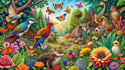Obraz premium A Whimsical Garden of Fantasy Birds, Butterflies and Flowers, Oil Painting, Whimsical Garden, Fantasy Birds, Butterflies, Flowers