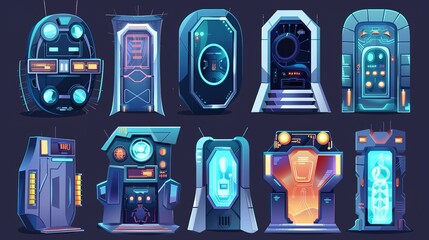 Cartoon spaceship futuristic gates. Closed and open alien cosmic ship doors, spacecraft control room gateway flat illustration set. Futuristic doorway